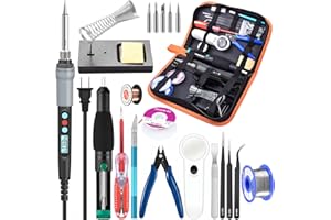 HANDSKIT Soldering Iron Kit Electronics, 21-in-1, 90W Adjustable Temperature Soldering Iron, 5pcs Soldering Iron Tips, Soldering Iron Stand, Desoldering Pump, Magnifier, Solder Wire, Tweezer, PU Carry Bag