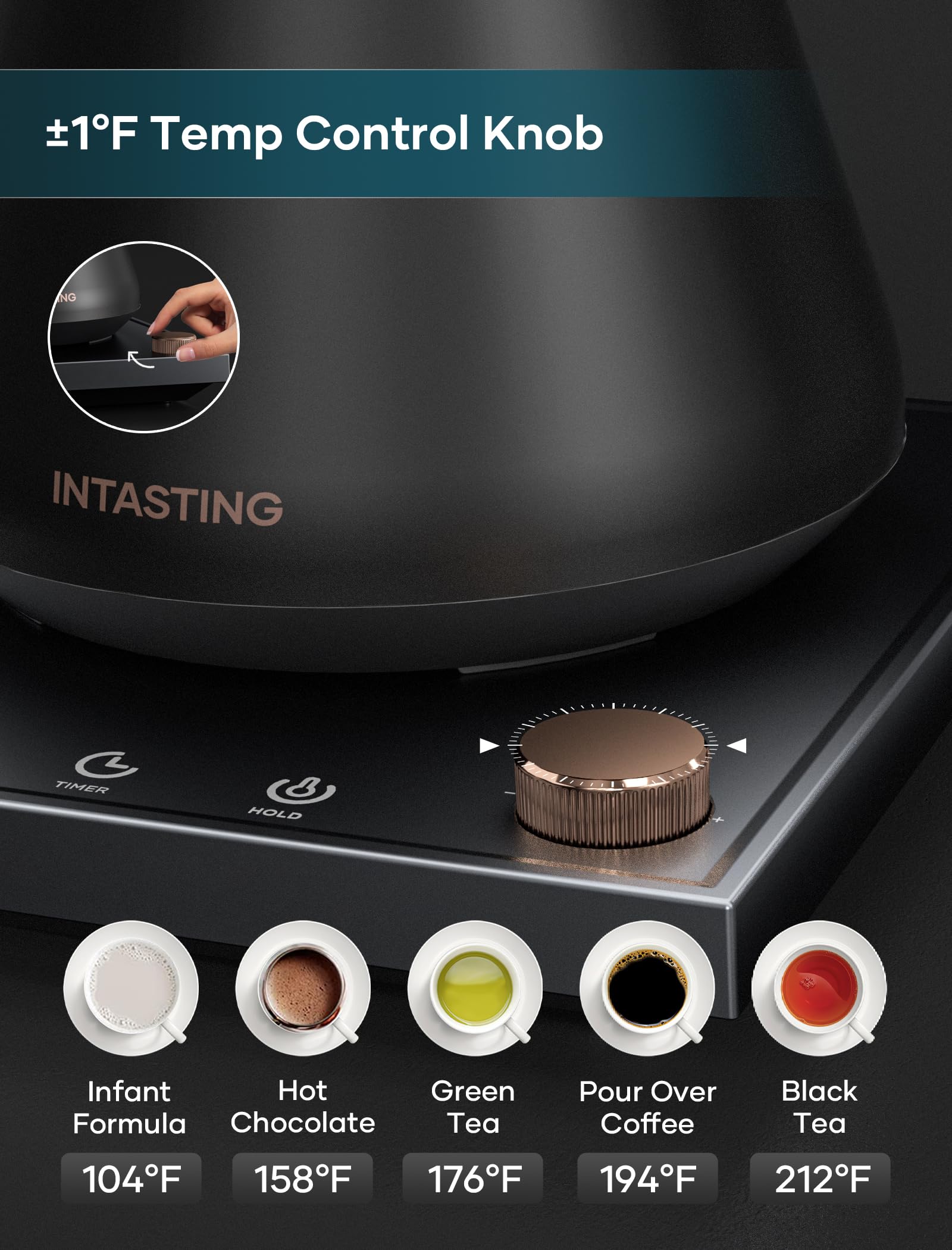 INTASTING Hervidores eléctricos, hervidor eléctrico de cuello de cisne, control de temperatura ±1 ℉, interior de acero inoxidable, calentamiento rápido, para verter sobre café, preparar té, hervir agua caliente, 0,9 L negro