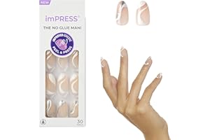 KISS imPRESS No Glue Mani Press On Nails, Design, 'On My Mind', White, Medium Size, Almond Shape, Includes 30 Nails, Prep Pad, Instructions Sheet, 1 Manicure Stick, 1 Mini File