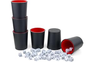 RERIVER Felt-Lined PU Leather Dice Cup Set, 6 Quiet Dice Shaker Cups with 36 Dices for Bar Party Yahtzee Farkle Dice Games, R