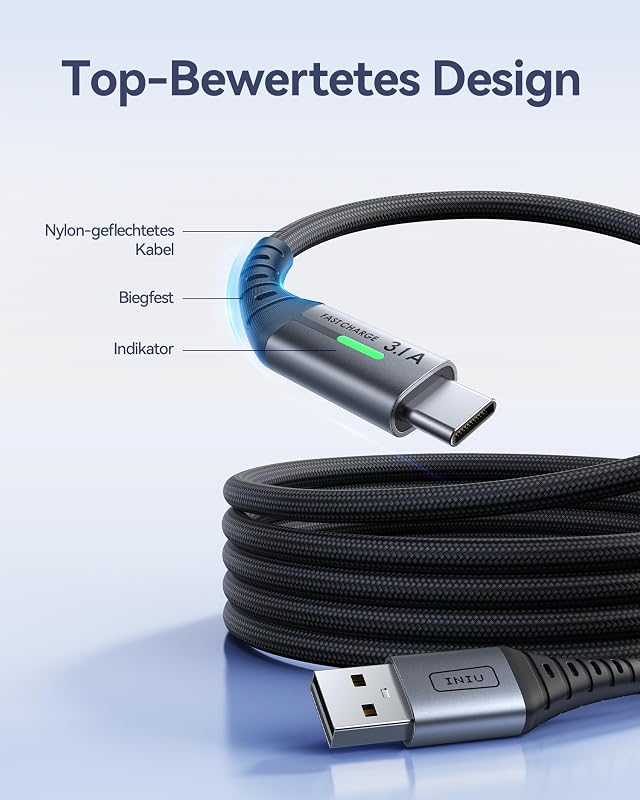 USB C Kabel, [3 Stück 2m+2m+0,5m] USB A auf USB C Schnellladekabel