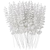 FEQO 36 Pcs White Eucalyptus Stems Artificial Leaves Faux Eucalyptus Stems Branches 15 inch for Wedding Bouquet Home Decor