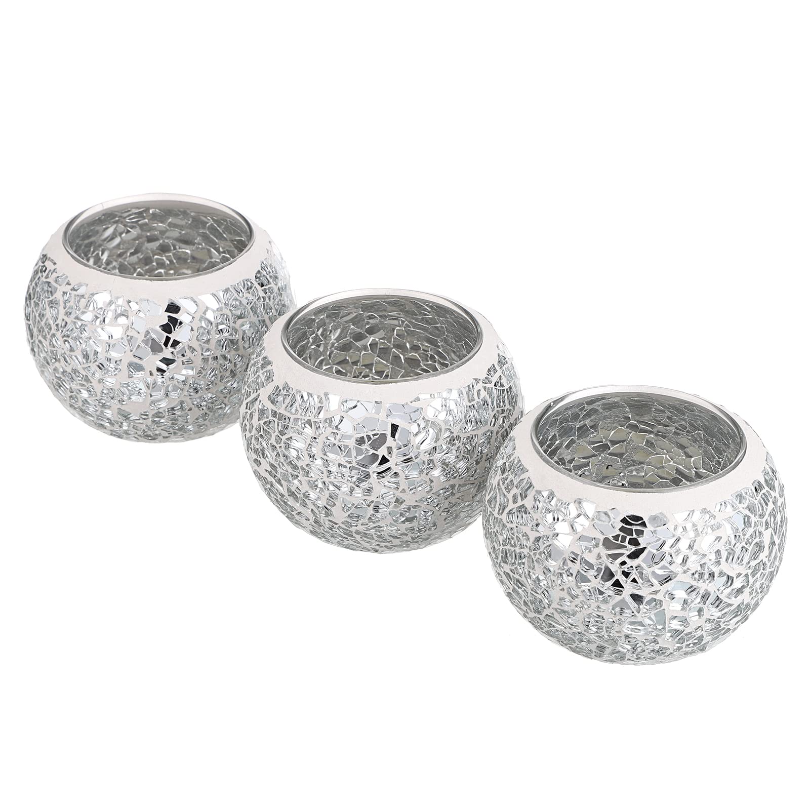 BSTKEY Set of 3 Mosaic Glass Tea Light Candle Holders, Decorative Votive Candle Stands, Round Candle Centerpieces for Table, Wedding, Party, Home Decor, Silver
