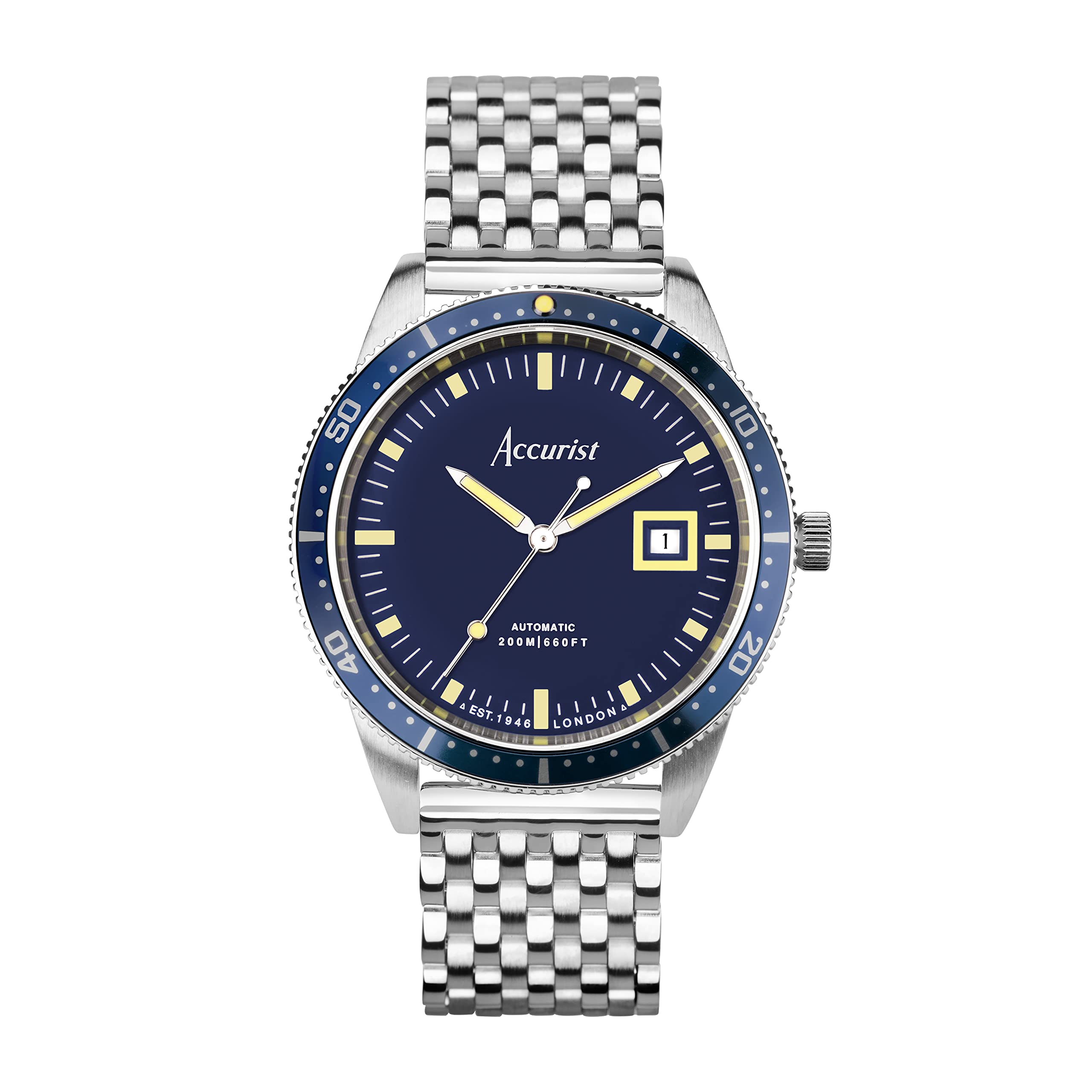 Accurist Dive Mens 42mm Automatic Watch in Blue with Analogue Date Display, and Silver Stainless Steel Strap 72006