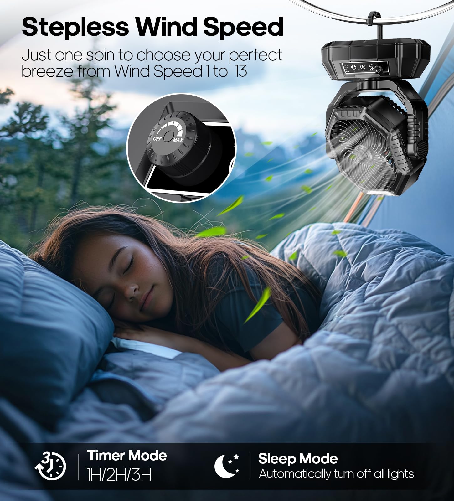 HAWANA Portable Fan Rechargeable，20000mAh Camping Fan with 360° Airflow, Battery Powered Ventilador Recargable with Stepless Wind Speeds, 3 Timing, Hanging Hook for Camping, Tents, BBQ, Fishing-Black