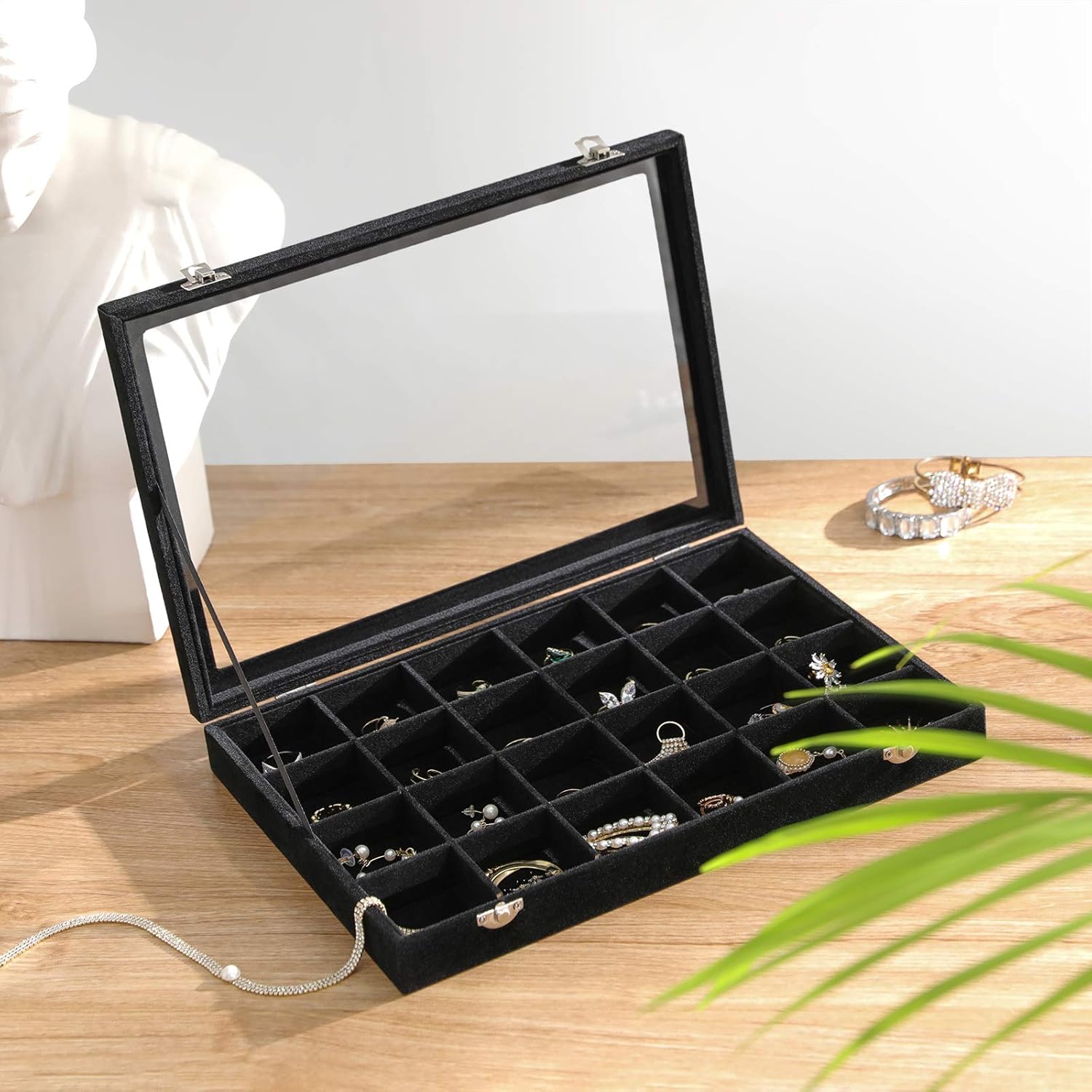 SONGMICS Jewelry Box Display Case with a Clear Glass Window and 24 Compartments, Black: Furniture & Decor