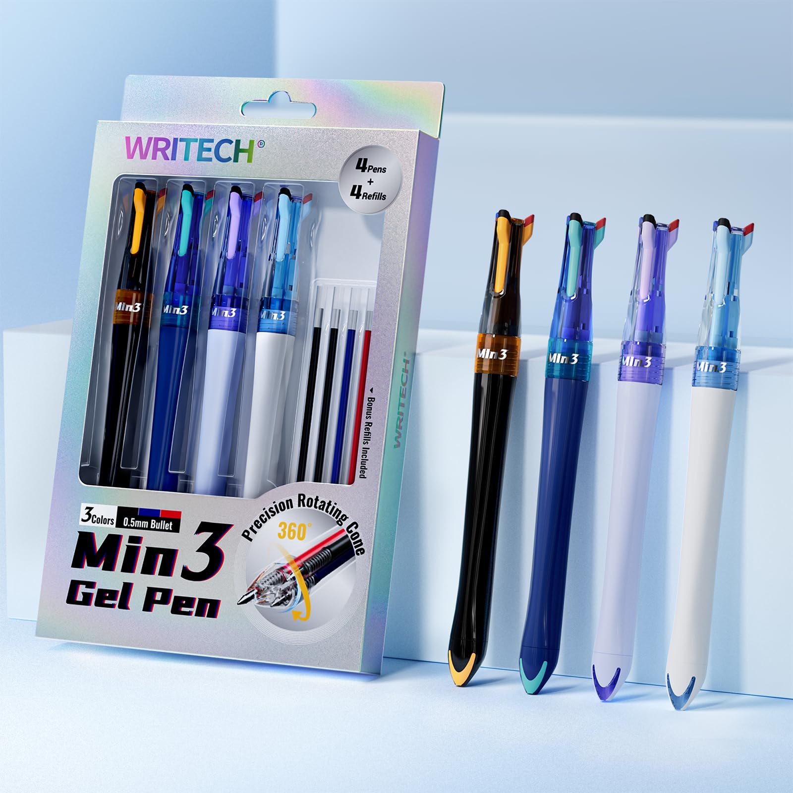 Photo 1 of WRITECH Retractable Gel Ink Pens: 0.5mm Fine Point 3 in 1 Multi Colored Pen Black Blue Red, 4ct with 4 Refills No Smear Assorted Colors Min 3 for Smooth Writing Journaling Drawing