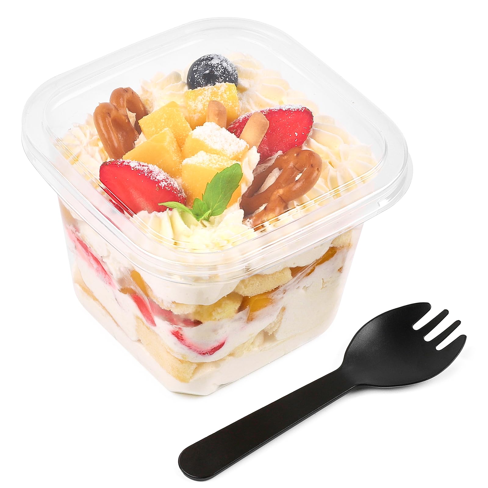 Photo 1 of Qeirudu 50 Pack 12 oz Plastic Parfait Cups with Lids and Sporks, Disposable Square Dessert Cups with Lids Cake Containers for Fruits Oatmeal Yogurt Mousse Ice Creams Strawberry Shortcake