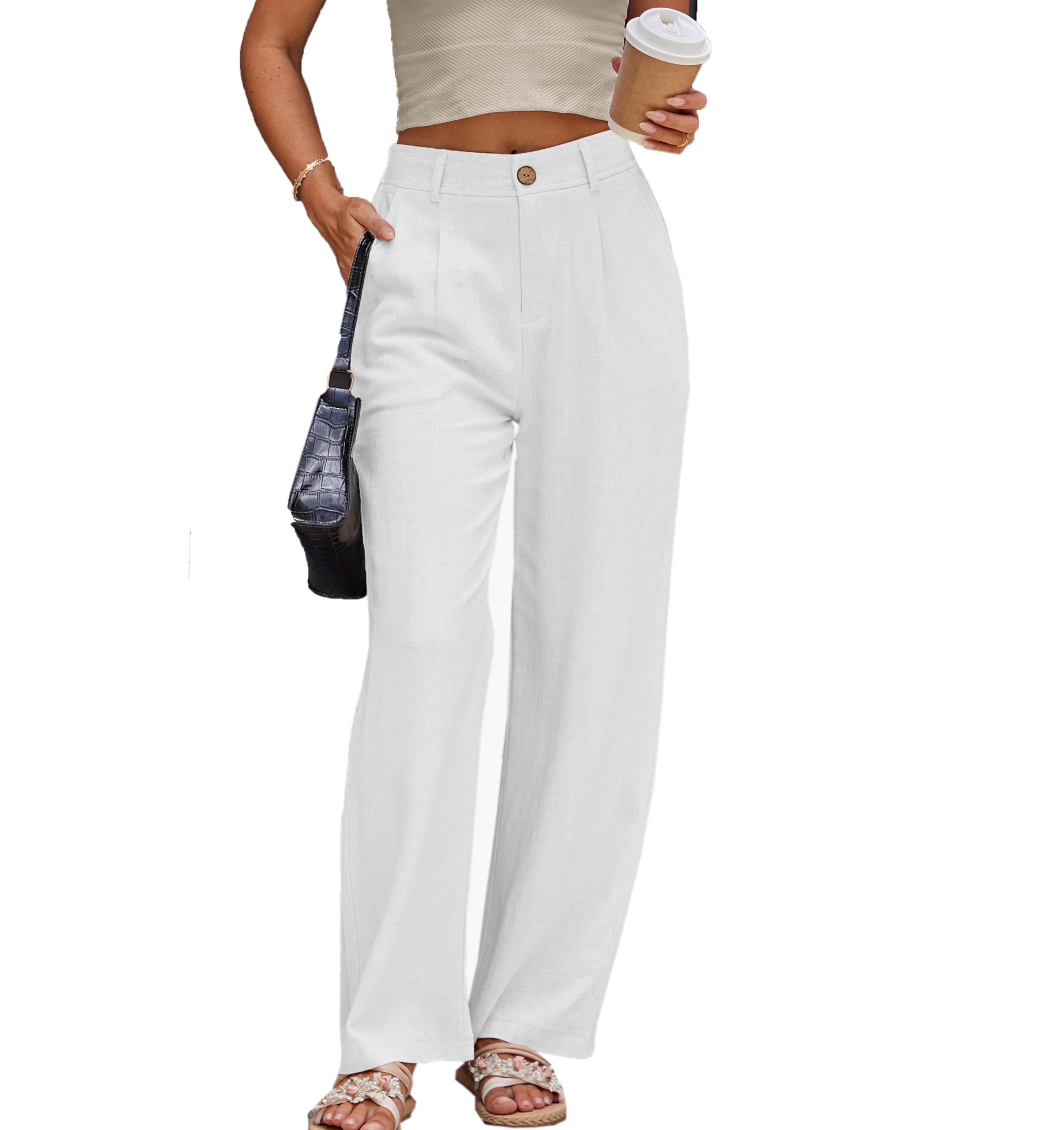 Photo 1 of Fakanhui Women's Linen Dressy Work Casual Pants Summer Business Straight Wide Leg Cotton Linen Trouser Pants White