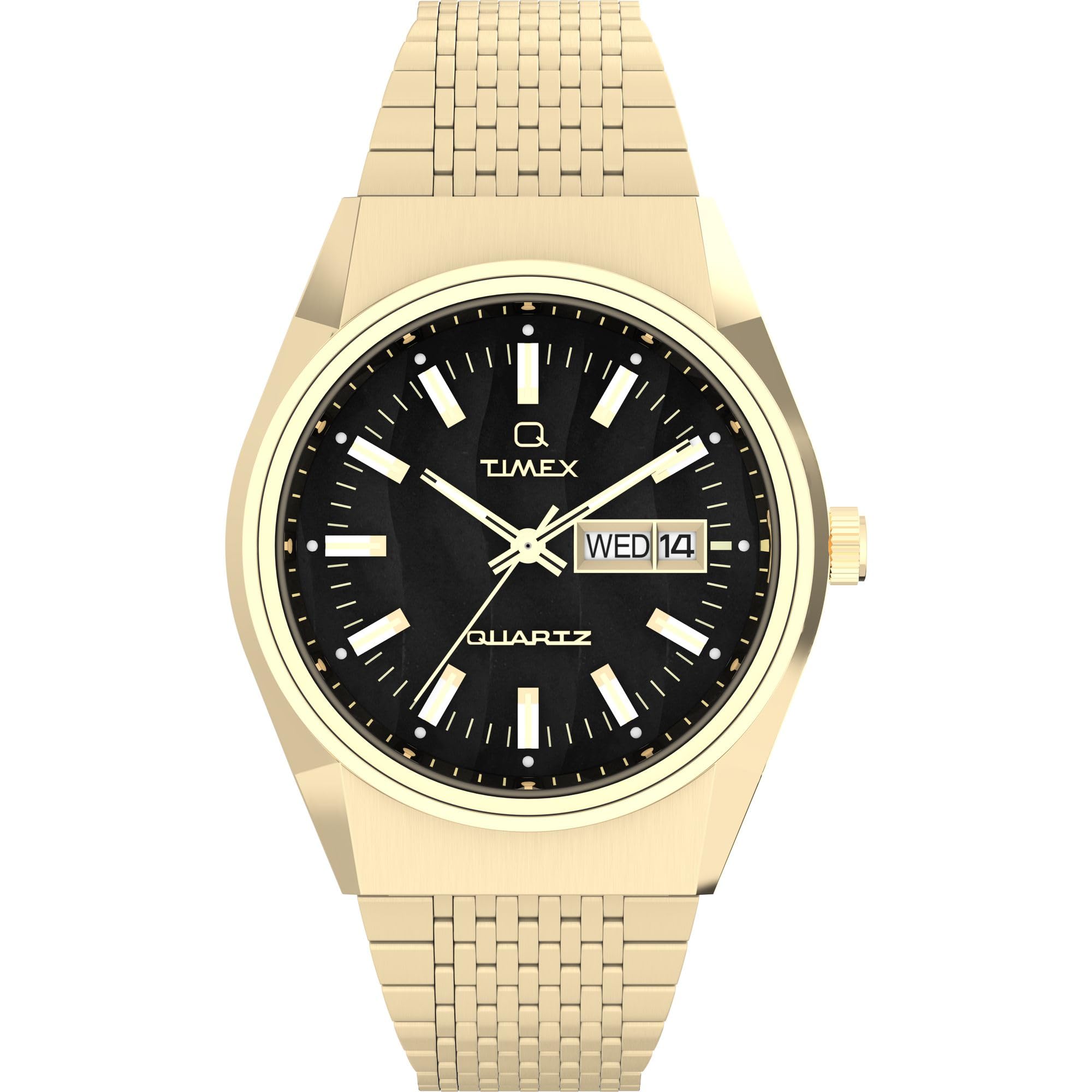 Timex Herren-Armbanduhr mit Falkenauge, 38 mm, goldfarbenes Armband, schwarzes Zifferblatt, goldfarbenes Gehäuse
