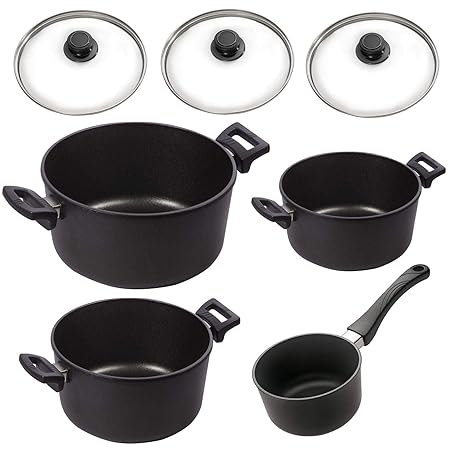 Eurolux Kochtopf Set Aluguss beschichtet 7-teilig Kochtöpfe Stieltopf (Griff abnehmbar) PFOA frei inkl. Deckel Edelstahlrand