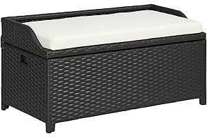 Outsunny 38 Gallon Outdoor Wicker Storage Bench Deck Box, PE Rattan Patio Furniture Pool Storage Bin Container with Interior Waterproof Cloth Bag and Comfortable Cushion, White