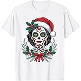Christmas Sugar Skull Art Woman Santa Hat Festive Design T-Shirt
