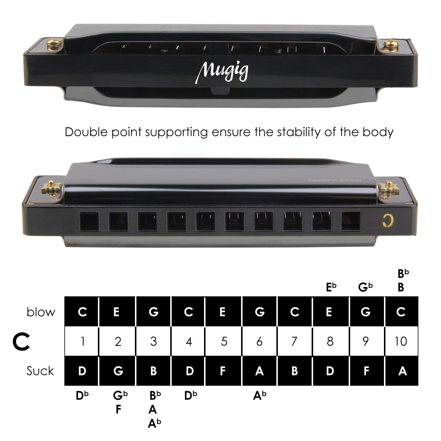 Mugig Armonica a bocca BLUES 10 fori, C Key Coperta d’acciaio inossidabile colore nero classico, consegna con custodia, adatto per i principianti