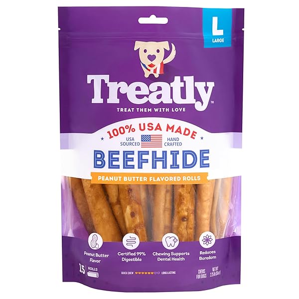 TREATLY USA BEEFHIDE ROLLS 8-9″ DOG CHEW TREATS – PEANUT BUTTER FLAVOR, 15 COUNT/1 PACK