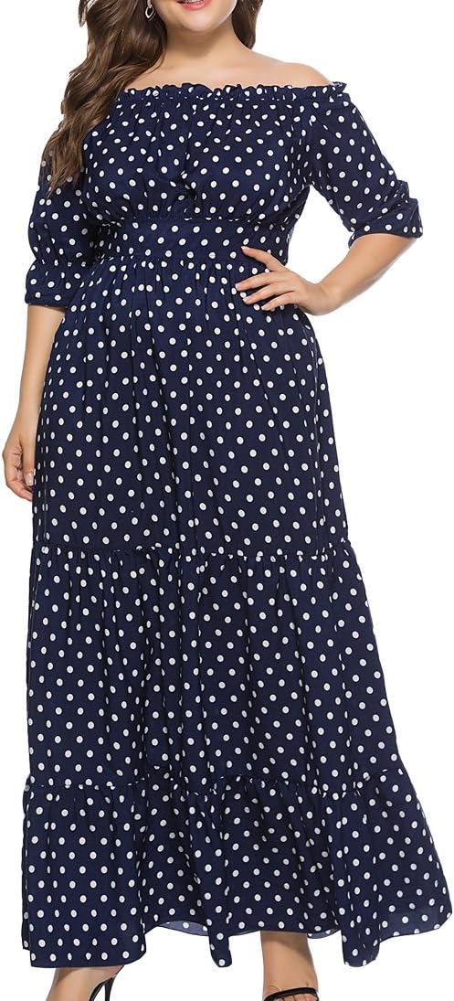 Eternatastic Women's Plus Size Floral Print Off-Shoulder Maxi Dresses Long Party Dress 5XL Blue Dot