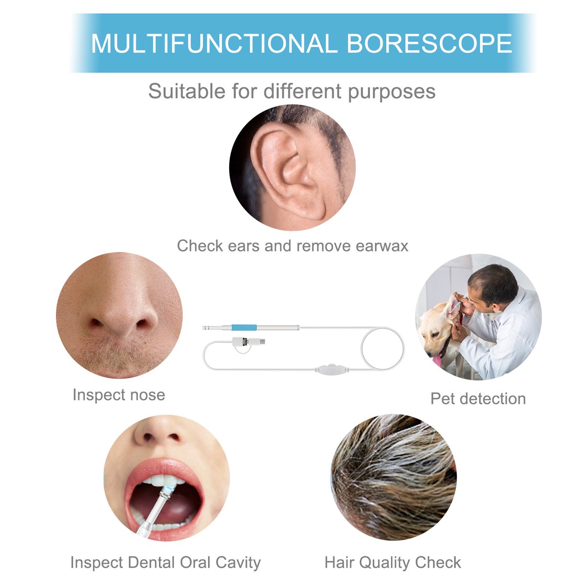 USB Endoscope Camera, Chof 720P HD Ear Otoscope Inspection, 3 in 1 Microscope Ear Wax Tool with 6 Bright Lights for Android Devices, PC, 6.5ft