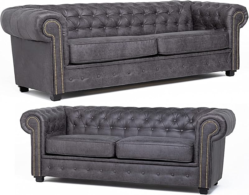 Sofas and More Astor Chesterfield Grey Faux Leather 3+2 Seater Sofa Suite