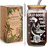 Silly Goose on the Loose Glass Cup Gifts for Women, Funny Goose Gift for Friend, Cute Drinking Cup Gifts for Boyfriend Girlfriend Husband Wife, Mother's Day Animal Cups 16OZ with Bamboo Lid & Straw