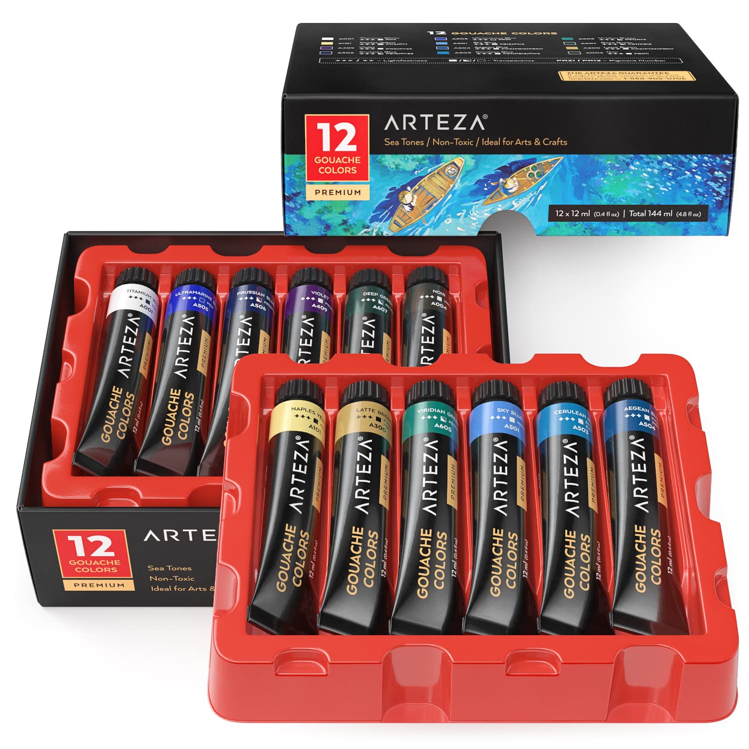ARTEZA Gouache Paint, 12 Colours, Sea Tones, 12-ml Tubes, Opaque Water-Based Paint for Canvas and Paper, Art Supplies for Professionals & Students