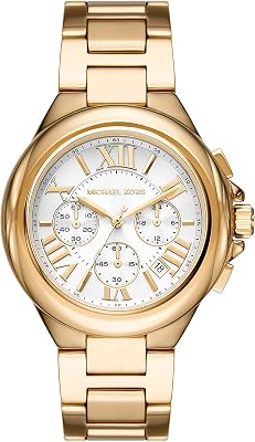 Relógio feminino michael kors camille, movimento cronógrafo, caixa de aço inoxidável dourado de 43 mm com pulseira de aço inoxidável, mk7270