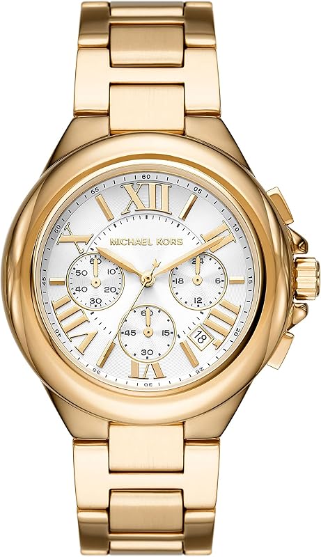Relógio feminino michael kors camille, movimento cronógrafo, caixa de aço inoxidável dourado de 43 mm com pulseira de aço inoxidável, mk7270