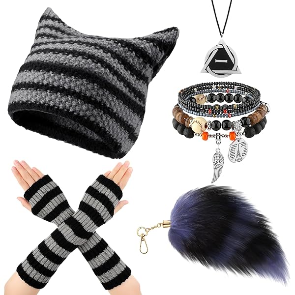 Therian Gear Y2K Emo Grunge Accessoire Kat Beanie Grunge Handschoenen Fairycore Armbanden, Zwart, 6