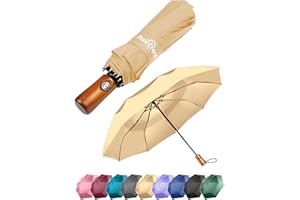 RAINTREND PREMIUM UMBRELLAS for Rain Windproof Travel Camel Beige Umbrella - Large Double Canopy but Compact Folding Portable - Automatic Strong Wind Resistant Construction - Womens Mens Umbrella for Backpack