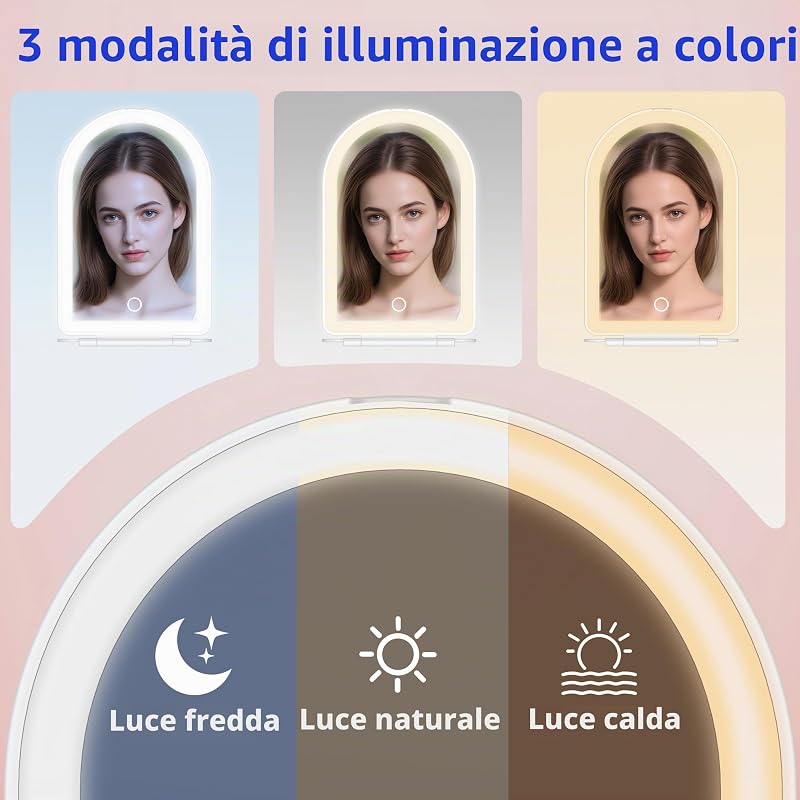 Specchio cosmetico con illuminazione, 10 interruttori touch, pieghevole da viaggio con 3 colori chiari, ad ultrasuoni con luce