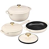 Best Choice Products Non-Stick Pot & Pan Cookware Set, Cast Iron, 2Qt Skillet W/Lid, 10" Grill Or Griddle Pan W/Press, 6Qt Enameled Dutch Oven, Non-toxic, For Cooking & Grilling - Vanilla