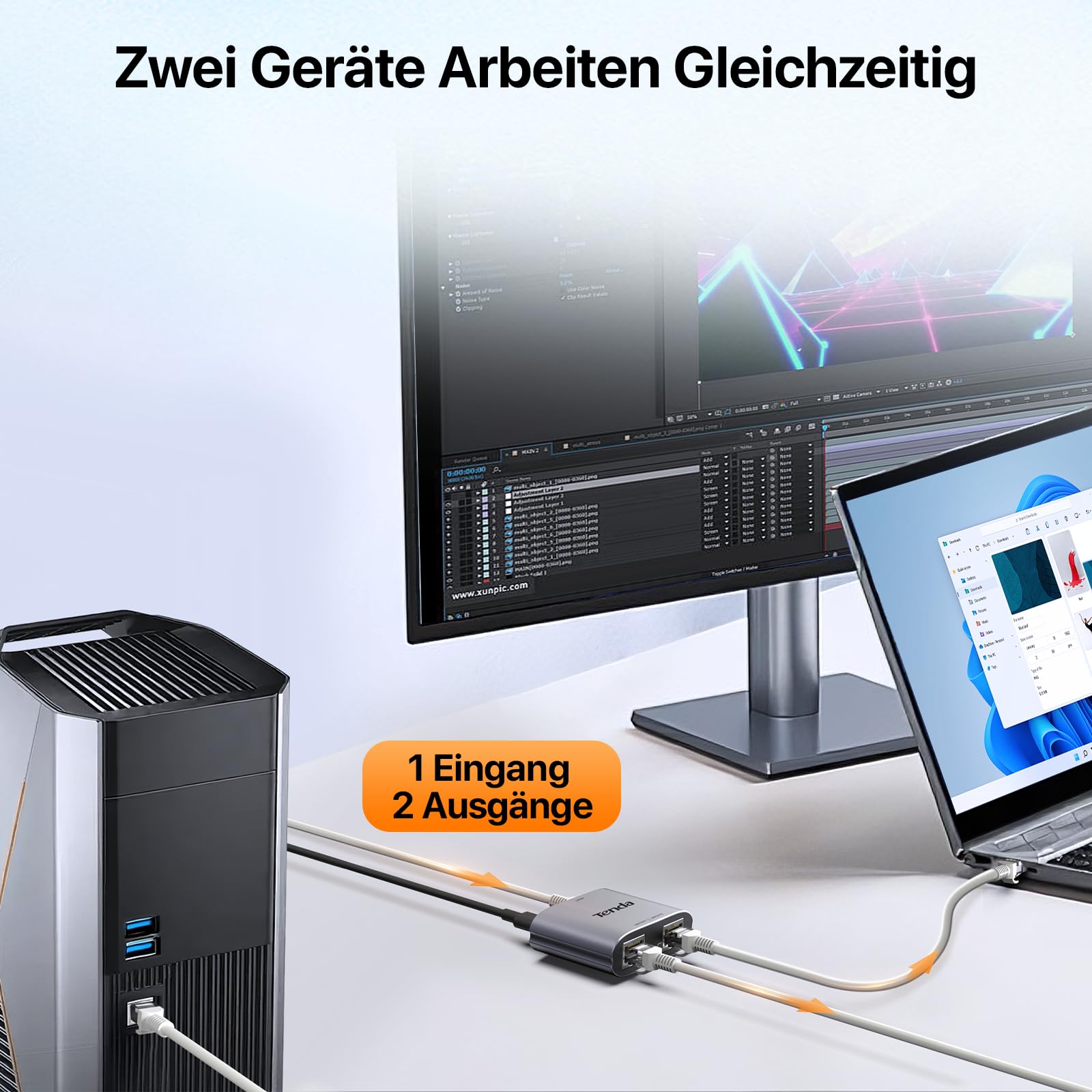 Tenda LAN Splitter 1 auf 2, Gigabit LAN Switch 2 Port Ethernet Splitter LAN Verteiler mit USB-Stromkabel (IGMP-Snooping, QoS, Aluminiumgehäuse, LAN Hub für Router, Computer, Drucker, TV)(SG103M) 2