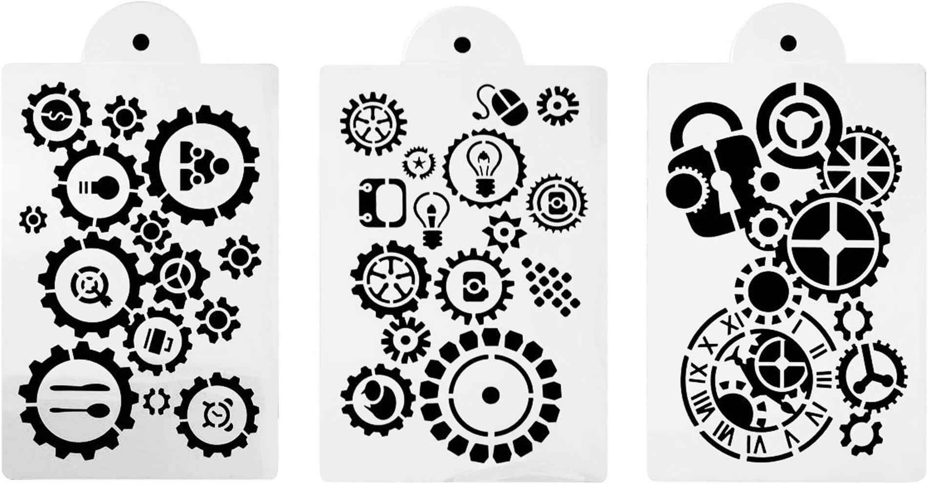 3-Pack Gear Pattern Stencils for Painting - Reusable Hollow-Out Drawing Templates for Crafts, Planner & Journaling Supplies