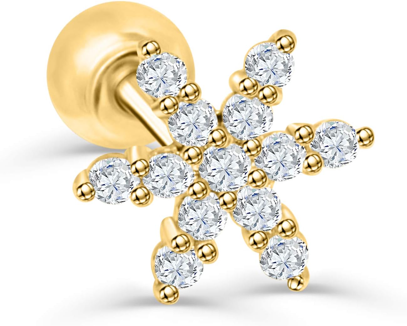 14K Solid Yellow Gold Jewelry Cz Flower Star Constellation Shapled Snowflake Ear Studs Post Ball Earring Piercing For Women Sensitive Ears