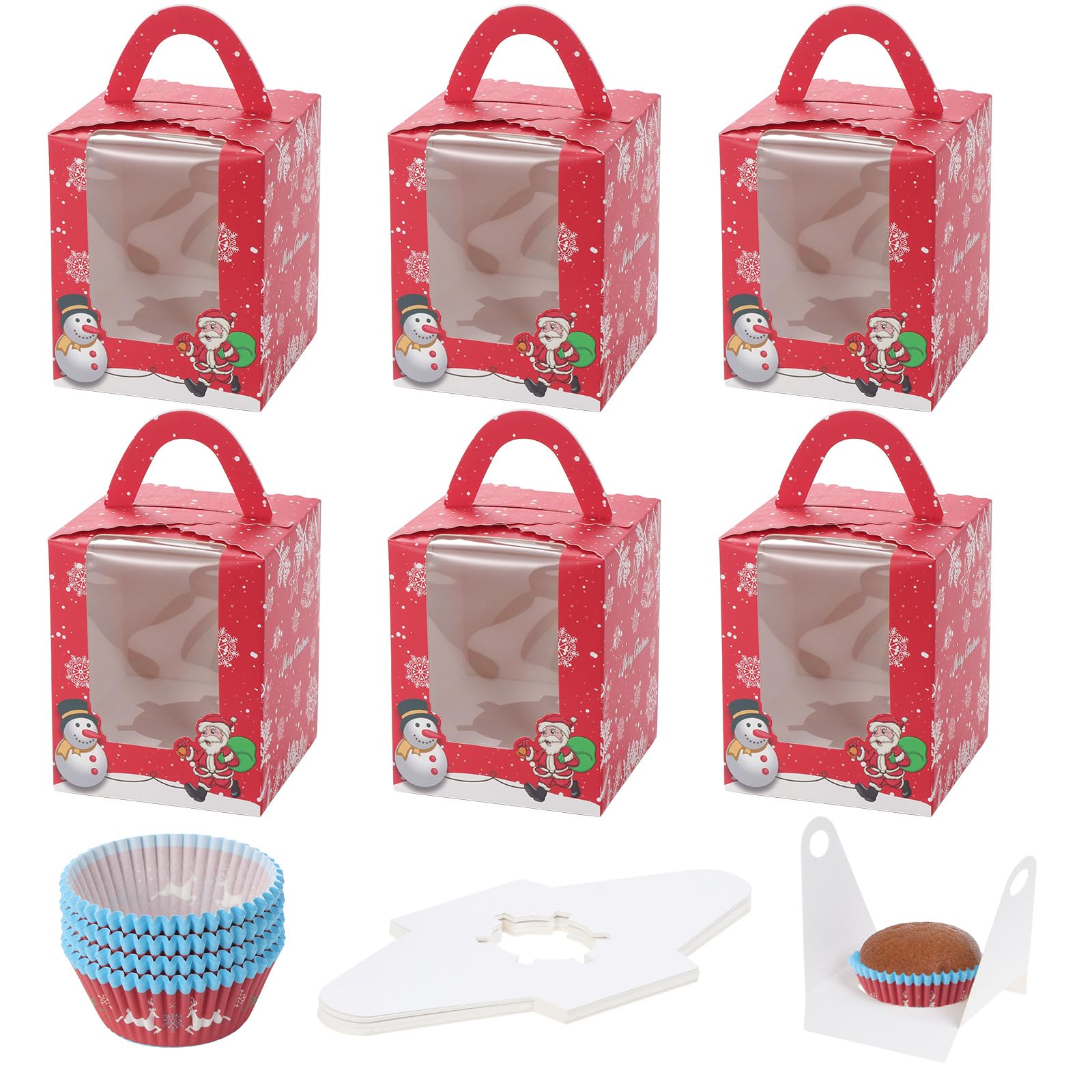 Coolty 50pcs Cupcake Boxes 1 Holes Cardboard Packaging Boxes Bakery Pastry Boxes with Handle Window and Inserts for Cookies Muffins Cupcakes Desserts Pies (Red Christmas Style)