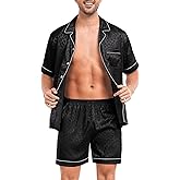 SWOMOG Men Silk Pajama Set Short Sleeve Satin PJs Sets 2 Piece Button Down Sleepwear Soft Summer Loungewear with Pockets