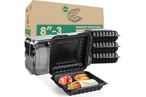 LEOBOX Food Containers Mineral Filled PP Plastic - 55 Pack 34oz 8 Inch | Shrink Wrap BPA Free Lunch Boxes | Freezer & Microwave Safe for Meal Prep | Black 3 Compartment Disposable Takeout Container