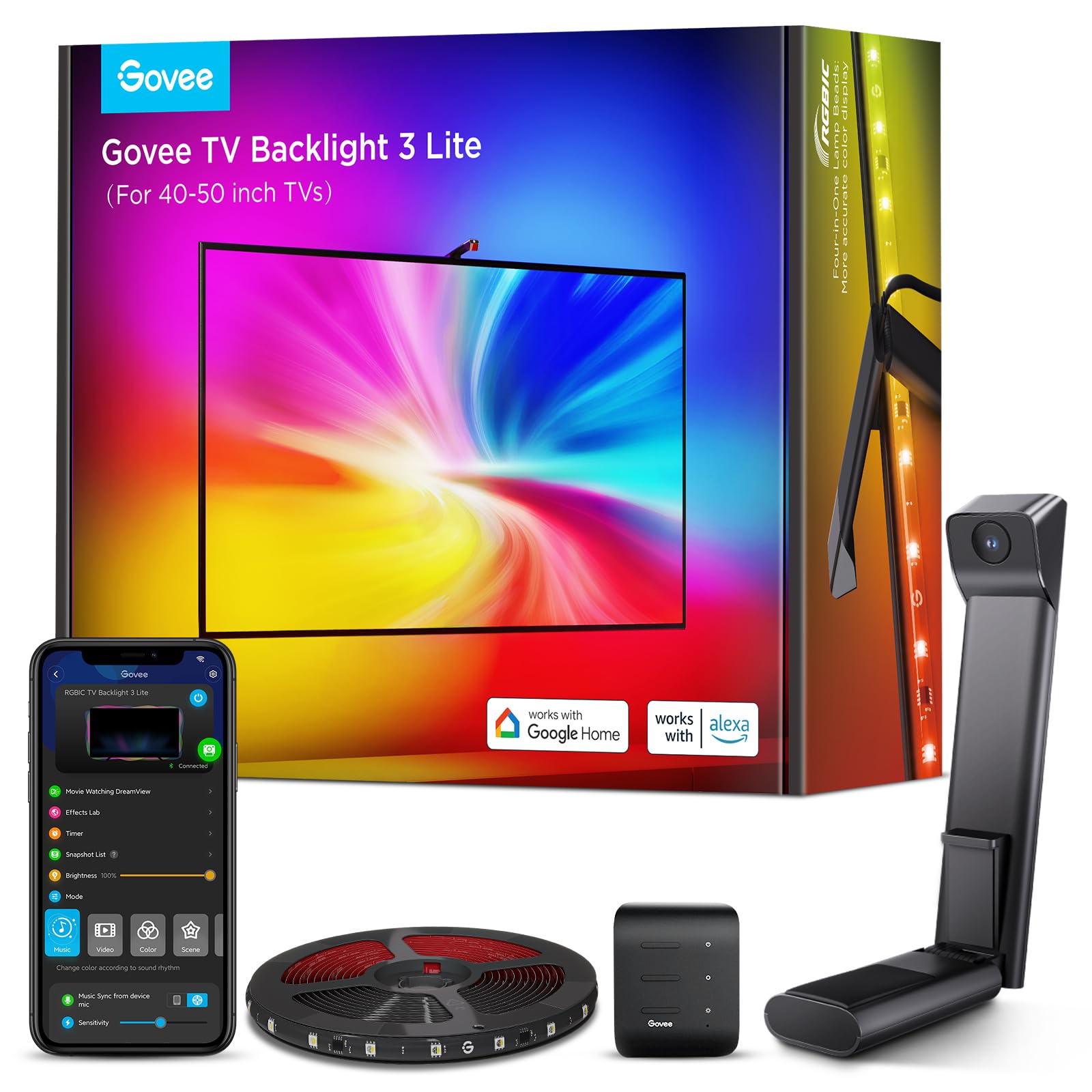 Govee TV Backlight 3 Lite with Camera Fisheye Correction, 2.4m for 40-50 Inch TVs, RGBICW TV LED Backlight, 4-in-1 Beads, WiFi, Work with Voice Assistant Alexa&App Controls