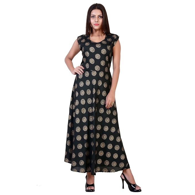 Buy Fabcolors Women S Rayon Gold Print Long One Piece Dress Free Size Black At Amazon In