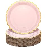 Maxcheck 50 Pcs Pink Scalloped Paper Plates with Gold Foil 9 Inches Disposable Paper Party Plates for Cake Dessert Birthday Baby Shower Wedding Tea Party Supplies