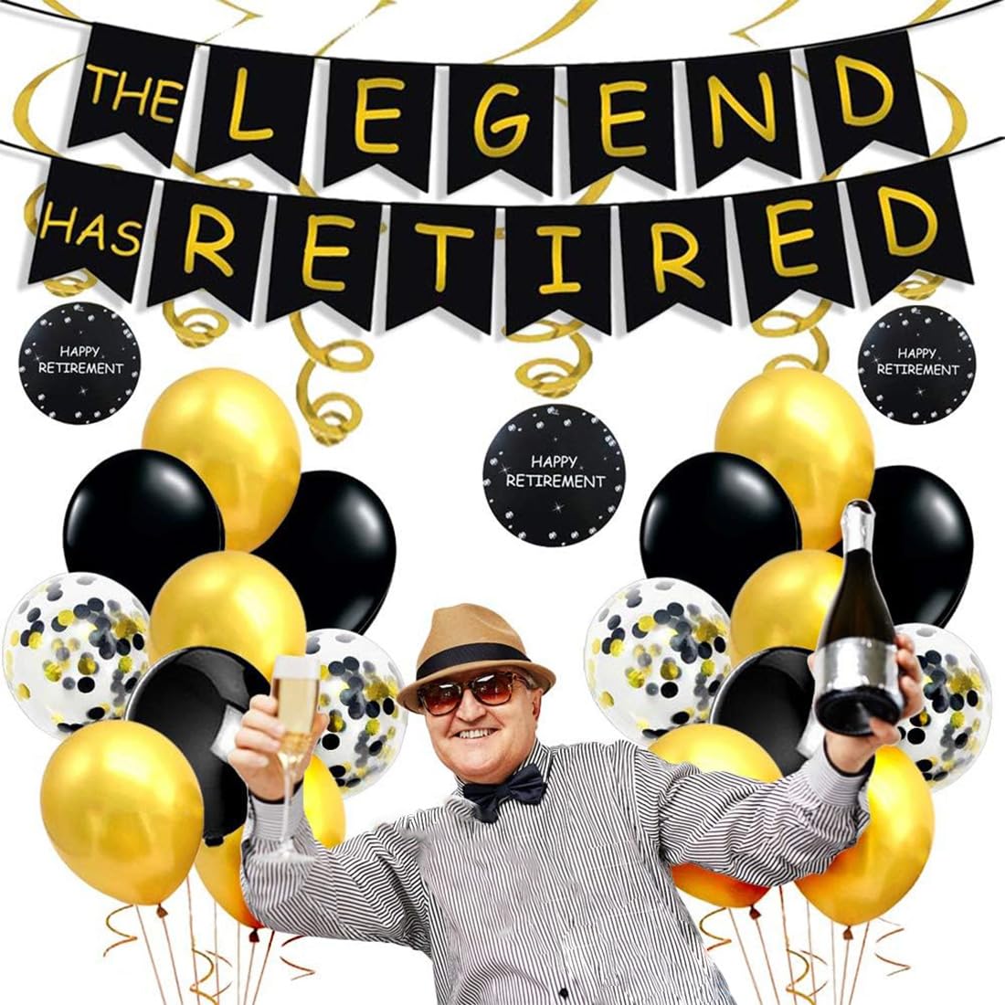 JOYMEMO Retirement Party Decorations for Men, The Legend Has Retired Banner, Foil Hanging Swirls, Sash, Black Gold Balloons for Men Women Happy Retirement Supplies