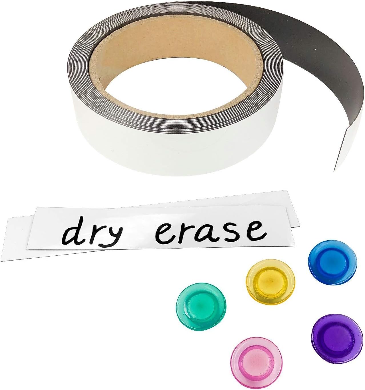 Masacana - Write on Magnets, Dry Erase Magnetic Strip Label Roll, 25 Feet Long x 1 Inch Wide, Comes with 5 Fridge Magnets, Premium Quality Magnets Labels for Shelves, Filing Cabinet, Whiteboard