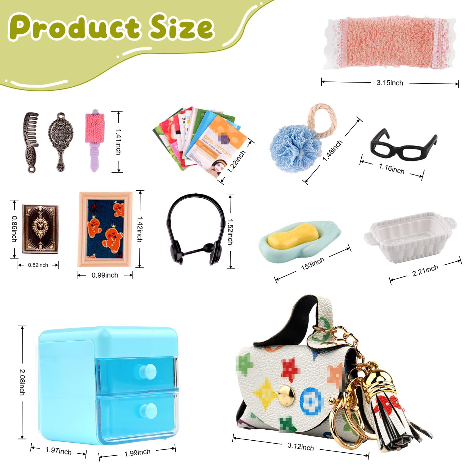 87Pcs Dollhouse Miniature Bathroom Accessories Cosmetic & Toilet Pretend Play Mini Makeup Set with Shampoo Perfume Hair Dryer Comb Purse Decor DIY Doll Backpack Glasses Photo Frame Salon Spa