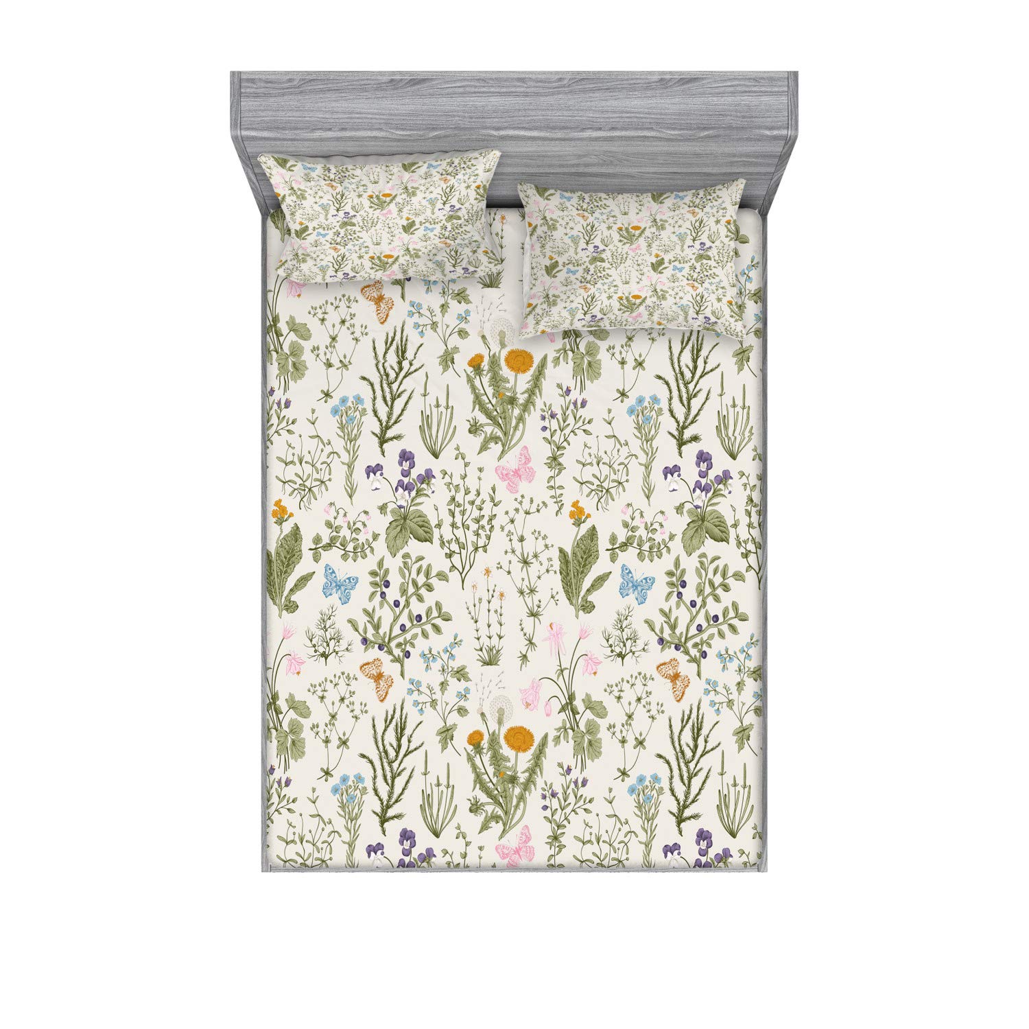 Ambesonne Floral Fitted Sheet & Pillow Sham