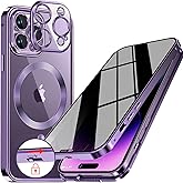 Upholyee [CD Metal Ring & Safety Lock Full Body Privacy Case for iPhone 14 Pro [Compatible with MagSafe] [Integrated Lens Protection] Slim Metal Plating Bumper Clear Back Double-Sided Cover-Purple