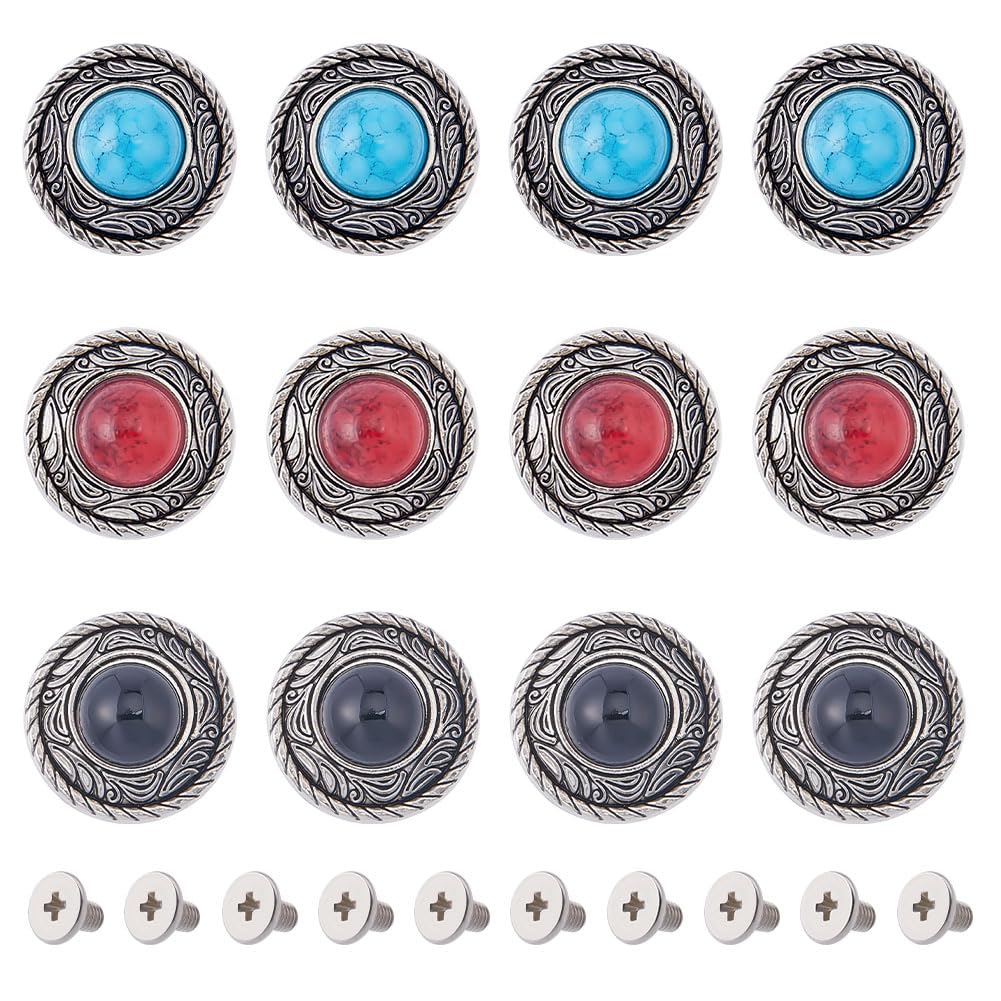 GORGECRAFT 21 Sets Red Turquoise Metal Buckle 20mm Synthetic Turquoise Screw Back Buttons Concho Cat Eye Buttons Replacement Vintage Alloy Buckle for DIY Leather Craft Fabrics Sewing Decorati