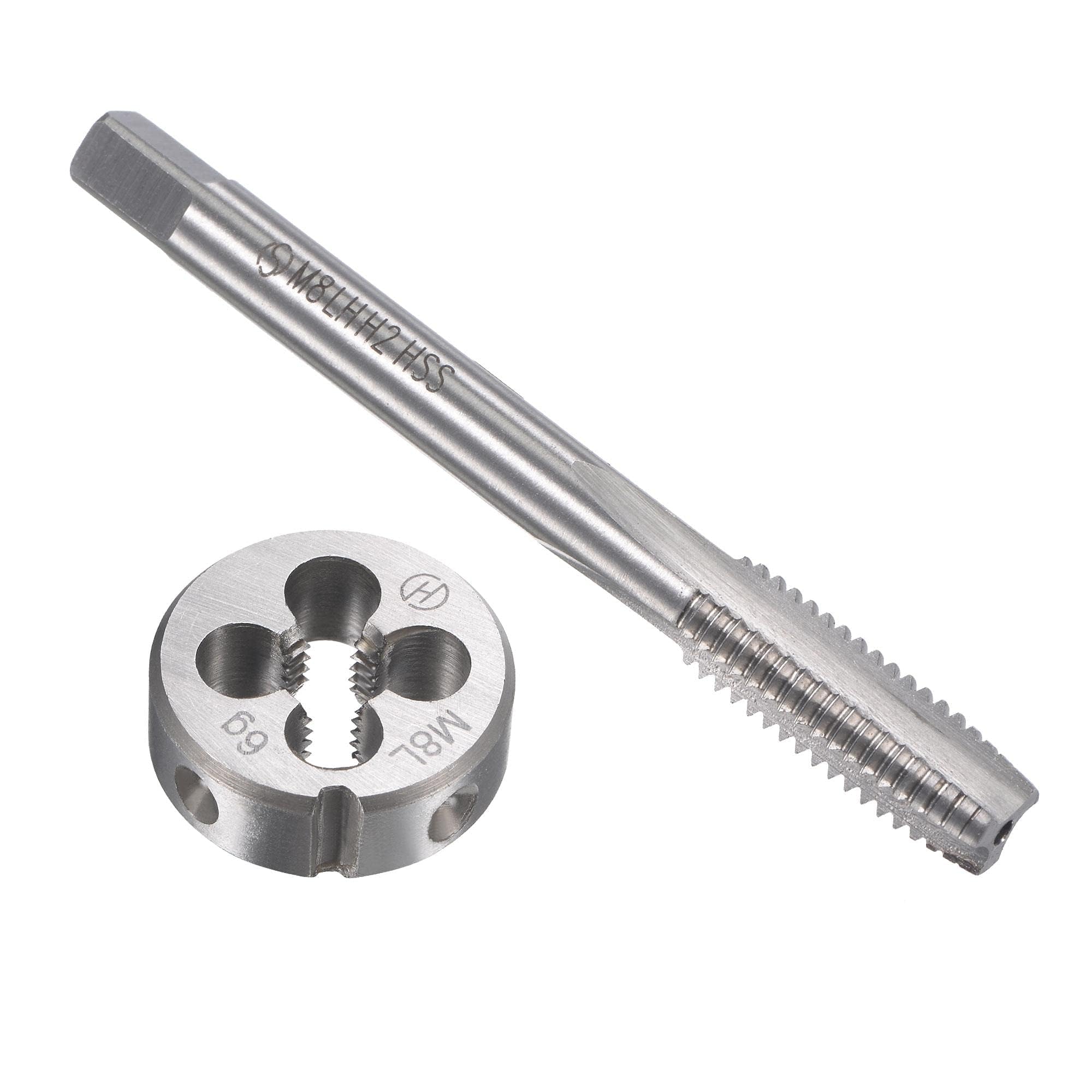 TOP-VIGOR M8 x 1.25mm Metric Left Hand Tap and Die Set, Machine Thread Screw Tap with Round Threading Die, Heavy Duty Tap & Die Kit for DIY, Repair, Cutting External and Internal Thread