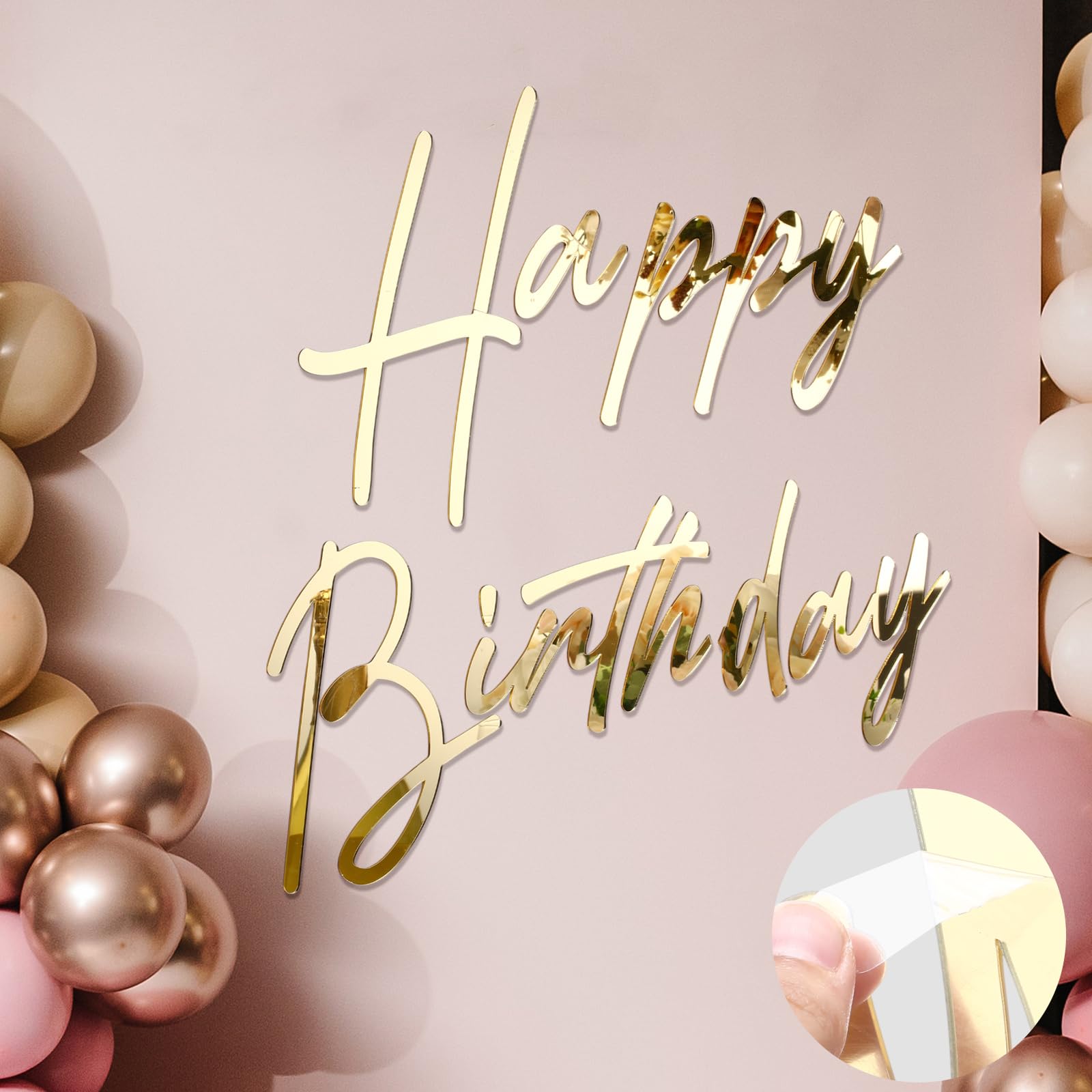 Photo 1 of Yousoontic Happy Birthday Sign for Backdrop Large Happy Birthday Sticker Letter Acrylic Mirror Decal for Balloon Arch Party Sign Wall, Peel Off the Acrylic Film(23 x 20 Inches,Classic,Gold)
