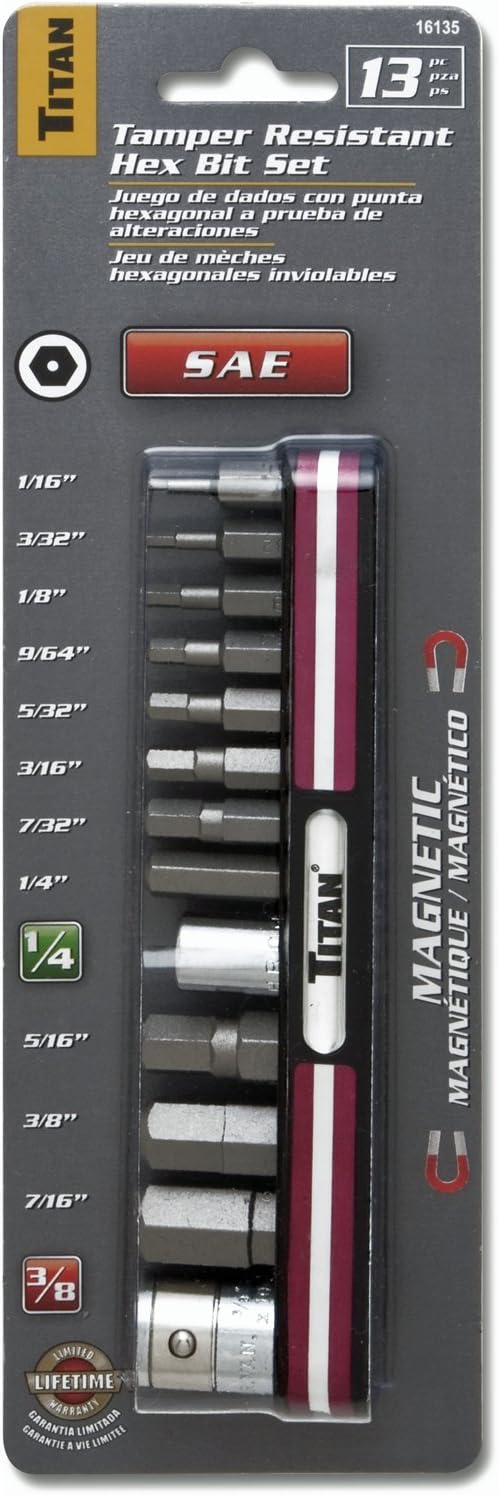 Titan 16135 13-Piece Tamper Resistant SAE Hex Bit Set - Tamper Proof Allen Wrench - 