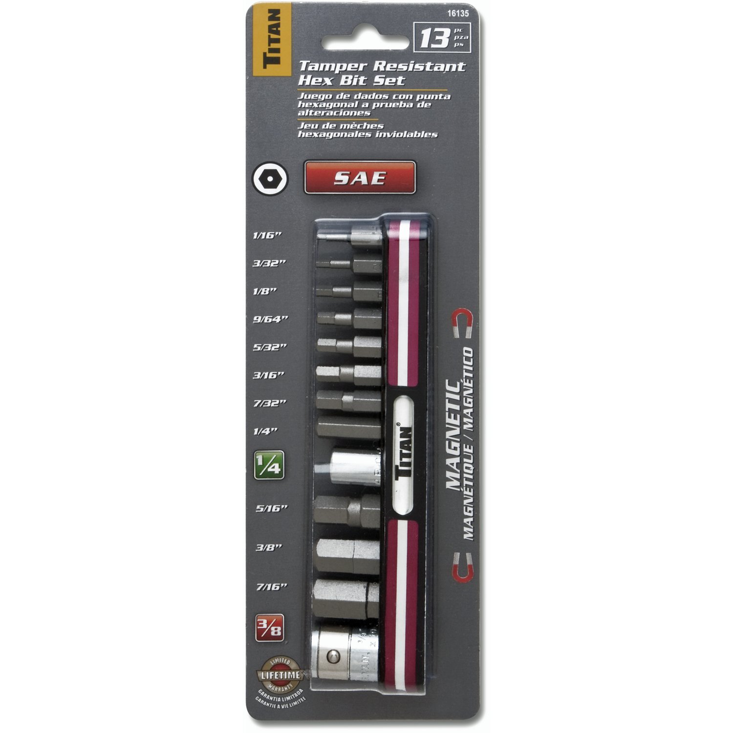 Titan Tools 16135 Tamper Resistant SAE Hex Bit Socket Set 13 Piece