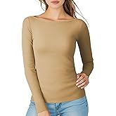 YumiDay Womens Boat Neck Tops Long Sleeve, Basic Tee Shirt Ribbed Slim Fitted Casual Office T-Shirt